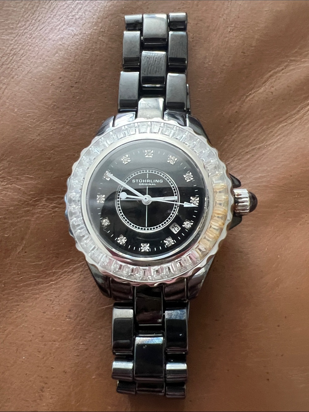 Stuhrling Original Black Ceramic Bracelet Watch with Crystal Bezel